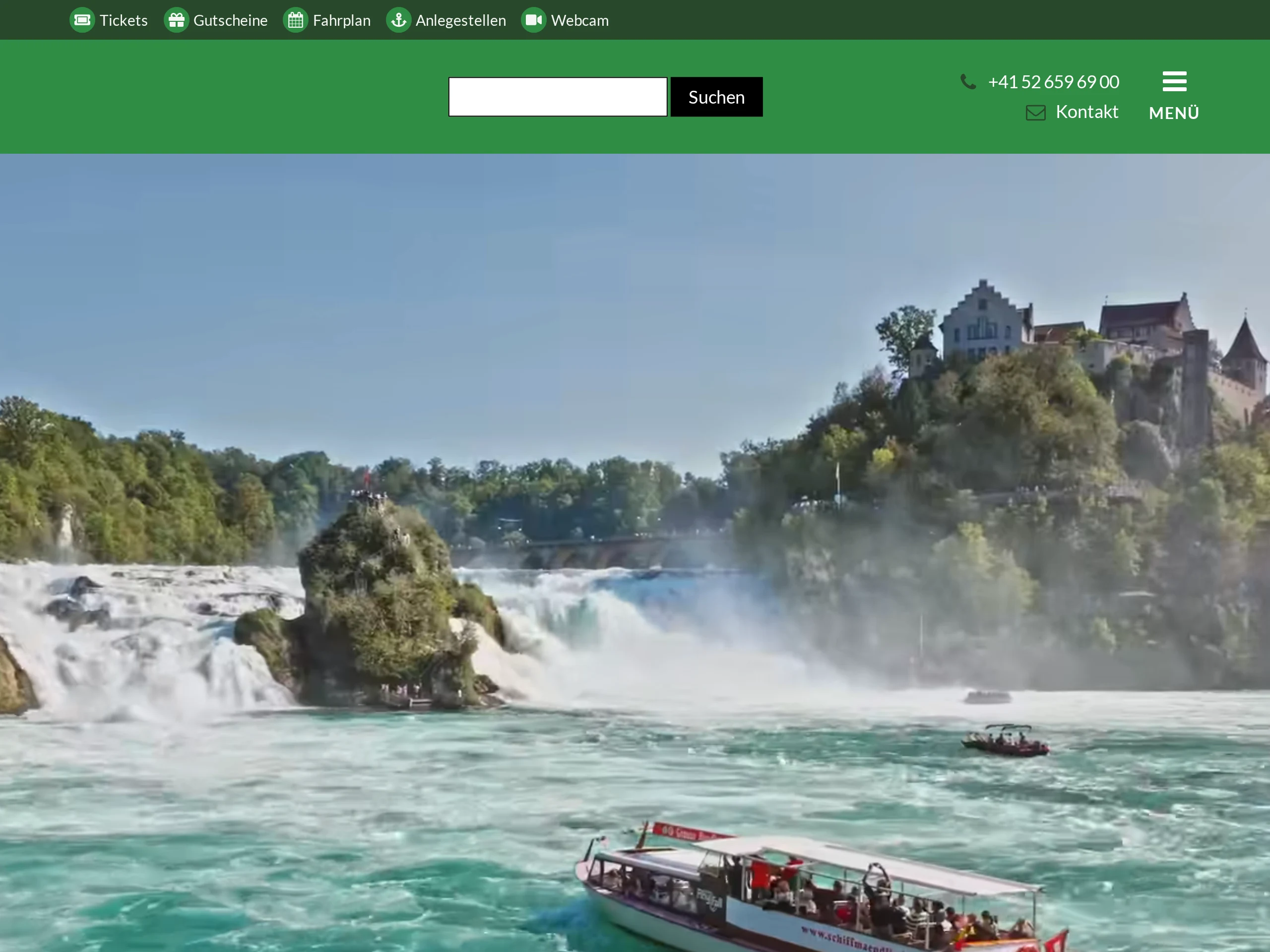 Schiffmändli-Website mit Booten vor dem Rheinfall, ohne Cookie-Hinweis