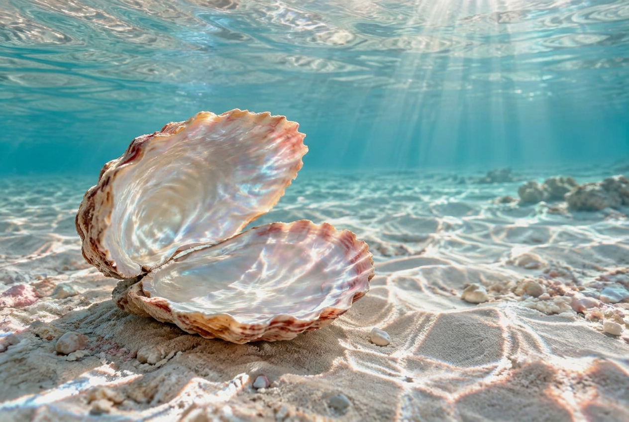 Offene helle Muschel im flachen, klaren Wasser