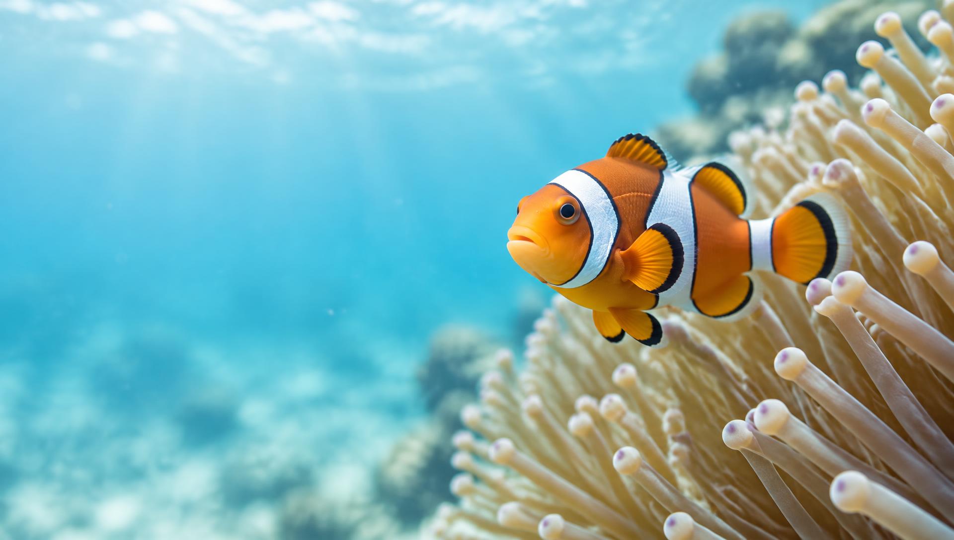 Clownfisch vor einer hellen Anemone in klarem Wasser