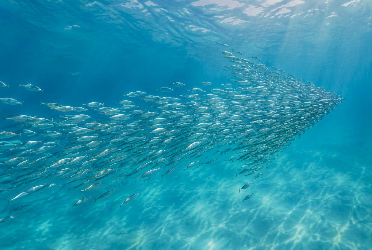 Fischschwarm bildet im klaren Wasser eine gemeinsame Richtung