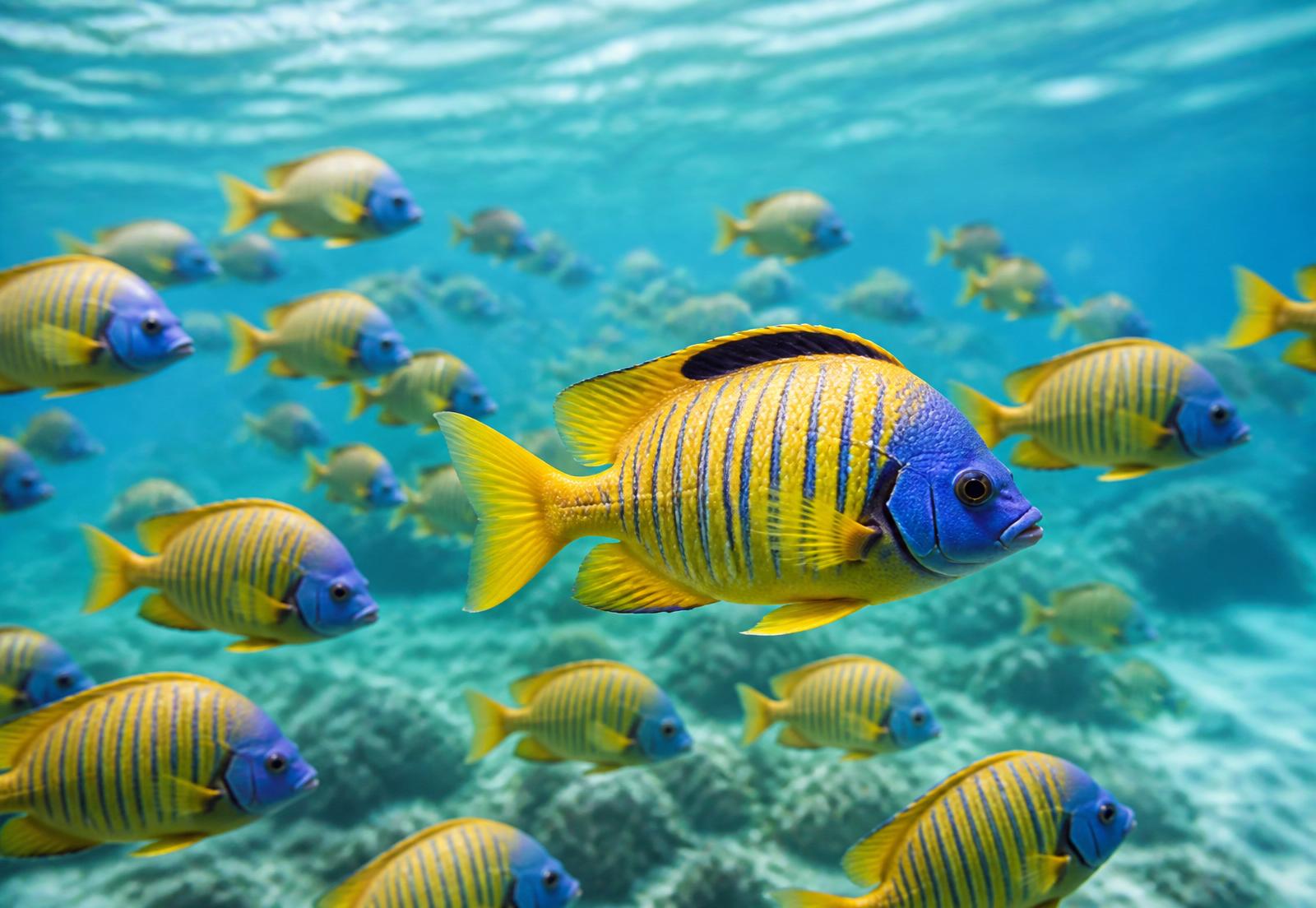 Bunter Fischschwarm — ein Leitfisch scharf, der Rest folgt