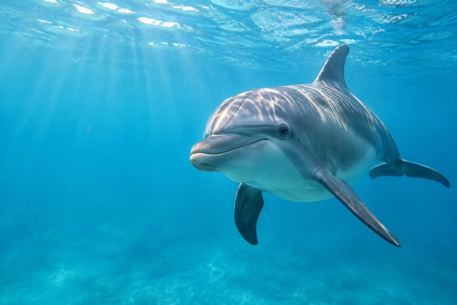 Einzelner Delfin schwimmt im klaren, sonnigen Meerwasser