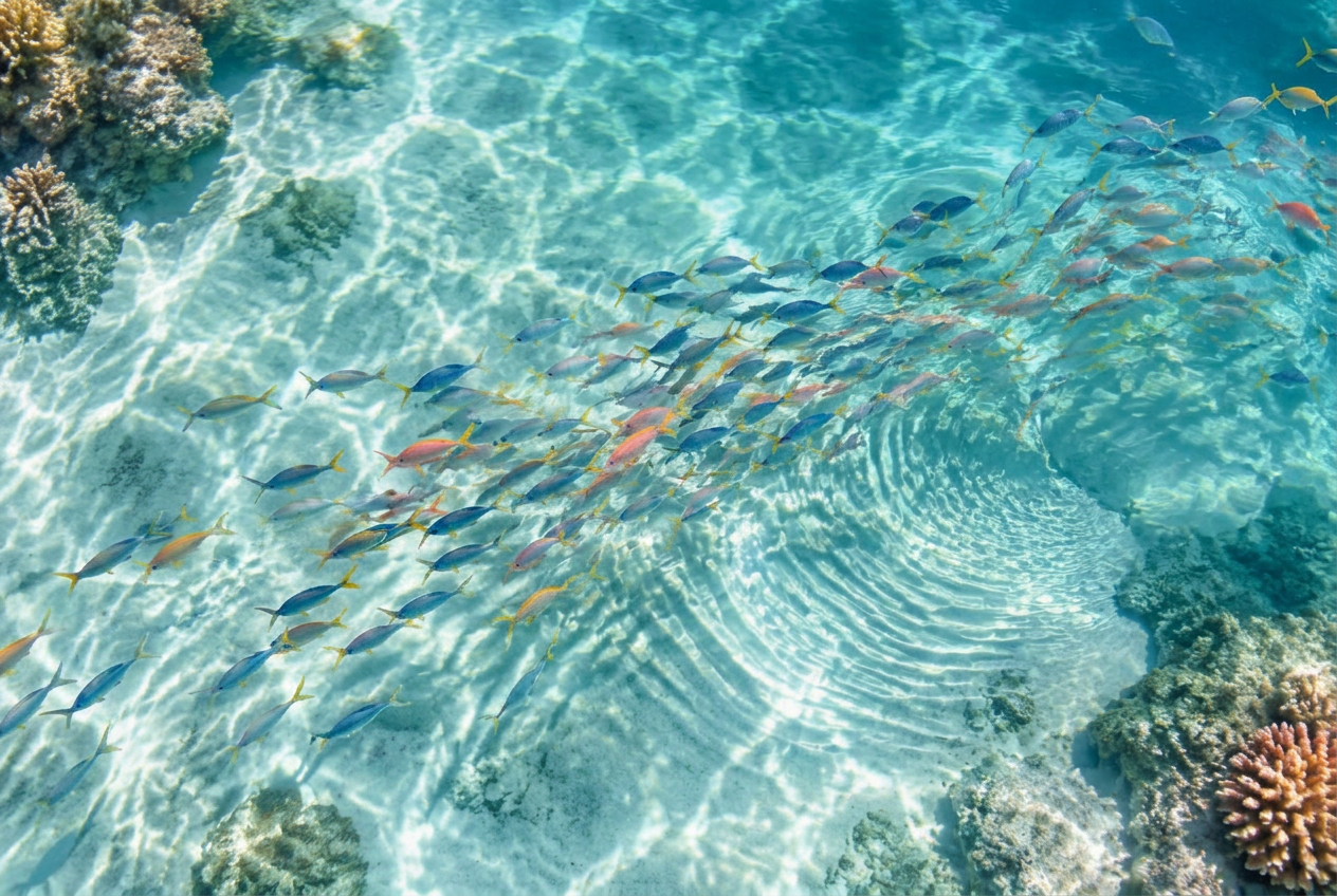 Fischschwarm mit sichtbaren Bewegungswegen im klaren Wasser